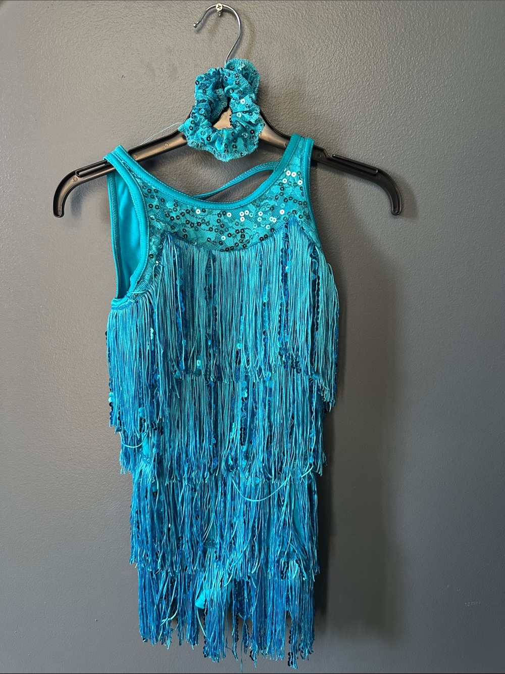 Weissman Teal Fringe Sequin Dance Costume with Matching Scrunchie